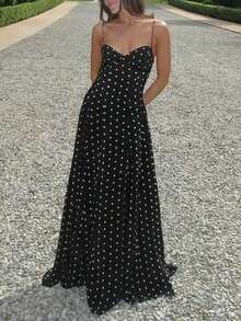 Vestido de verano elegante sin mangas con escote en V y estampado de lunares para mujer, color negro - Negro - Ver 8