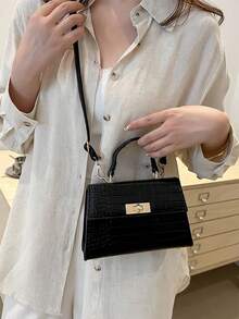 Lightweight,Business Casual Mini Crocodile Embossed Twist Lock Flap Square Bag For Teen Girls Women College Students,Rookies & White-Collar Workers Perfect For Office,College,Work ,Business,Commute,Outdoors, Travel, Outings, Animal Print Women Bag - màu đen - Xem 3