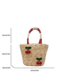 Neue Art Kirsche Stickerei Stroh gewebte Tasche, Urlaubsstil gewebte Tasche, Strand Casual Shopper, süß und lieblich Gemüsekorb Tasche, große Kapazität Pendler Einkaufstasche, Ausflug an die Küste, alles passend Tasche, Damentasche, Minderheiten Design Gefühl - Verschiedenfarbig - Übersicht 9
