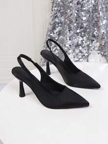 女士高跟鞋，优雅派对尖头高跟鞋，缎面露跟百搭鞋，黑色职业办公鞋，性感细高跟鞋，露跟穆勒凉鞋 - 黑色 - 查看 3