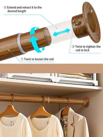 1pc Wood Grain Curtain Rod, Shower Curtain Rod, Closet Rod, Stainless Steel Material, Max Diameter 2.5CM, Extra Long No-Drill Installation Stainless Steel Extendable Shower Curtain Rod, Curtain Rod, Closet Hanging Rod, Retractable Rod, Drying Rack, Hanging Rod, Ladle Hanging Rod, No Drilling Required, Stainless Steel Material, Easy Installation, No Adhesive Needed, Suitable For Closet