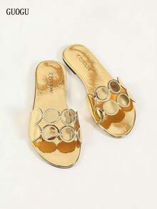 Women's Flat Sandals, New Summer Gold Color Strap Hollow-Out Slippers, Soft Bottom Lightweight Breathable Flat Beach Sandals - Gold - View 14