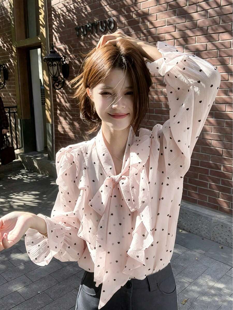 荷叶边波点长袖防晒衬衫,新款夏季宽松蝴蝶结女式衬衫 - 淺粉色 - 查看 1