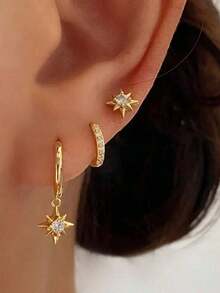 3 Pieces Star Earrings Set Mobius Strip Twist Star Stud & Hoop Earrings Jewelry For Women Fashion Jewelry - 3件套耳環/金色 - 查看 6