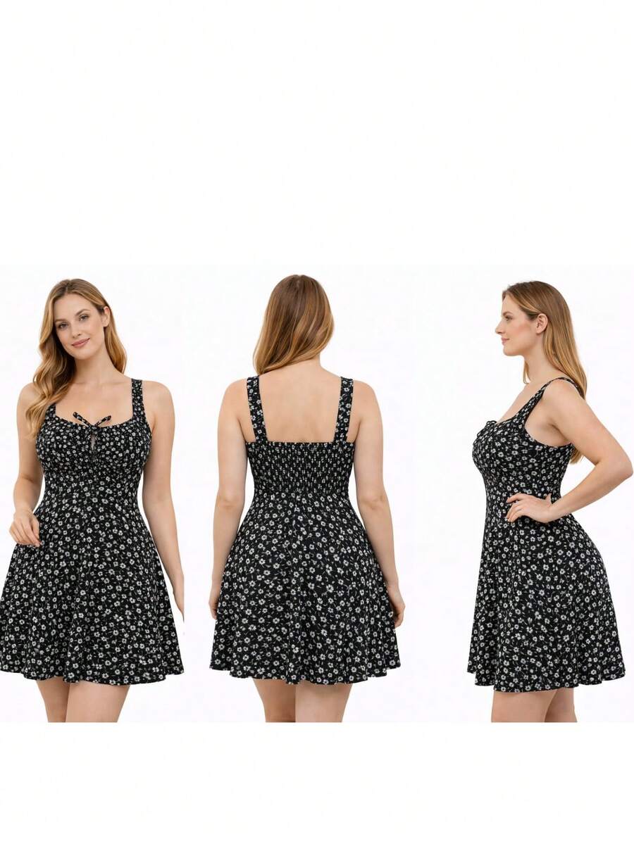 Women's Short Floral Dress With Wide Straps, Fitted Waist, Lightweight, Casual - 黑色 - 查看 1