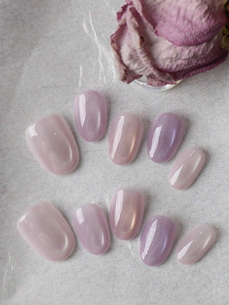 10 piezas Uñas postizas de ojo de gato morado, uñas postizas hechas a mano, uñas postizas cortas para uso diario en la oficina, kit de uñas artificiales que incluye 1 hoja de pegatinas adhesivas y 1 lima pequeña - Multicolor - Ver 1