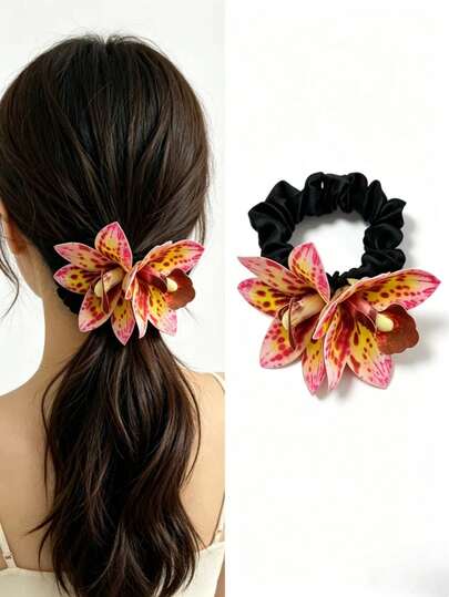 2/1pc Vintage Spotted Orchid Flower Print Polyester Hair Scrunchie, Boho Hair Band, Retro Hair Accessory For Ponytail, Beach & Daily Outfit