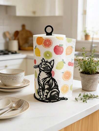 Iron Cat Kitchen Countertop Tissue Holder, Surface-Mounted Paper Towel Rack, Kitchen Storage Organizer