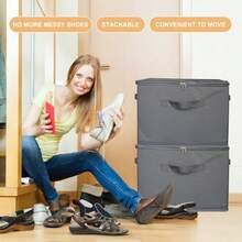 Paquete de 2 organizadores grandes de almacenamiento de zapatos con divisores ajustables y tapa transparente se adapta a 16 pares caja de almacenamiento de zapatos para clóset con asas - Gris - Ver 4