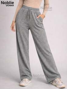 Women's Comfortable Wide Leg Wool Pants, Loose Fit, High Waist, Casual, For Everyday Wear. - 灰色 - 查看 1