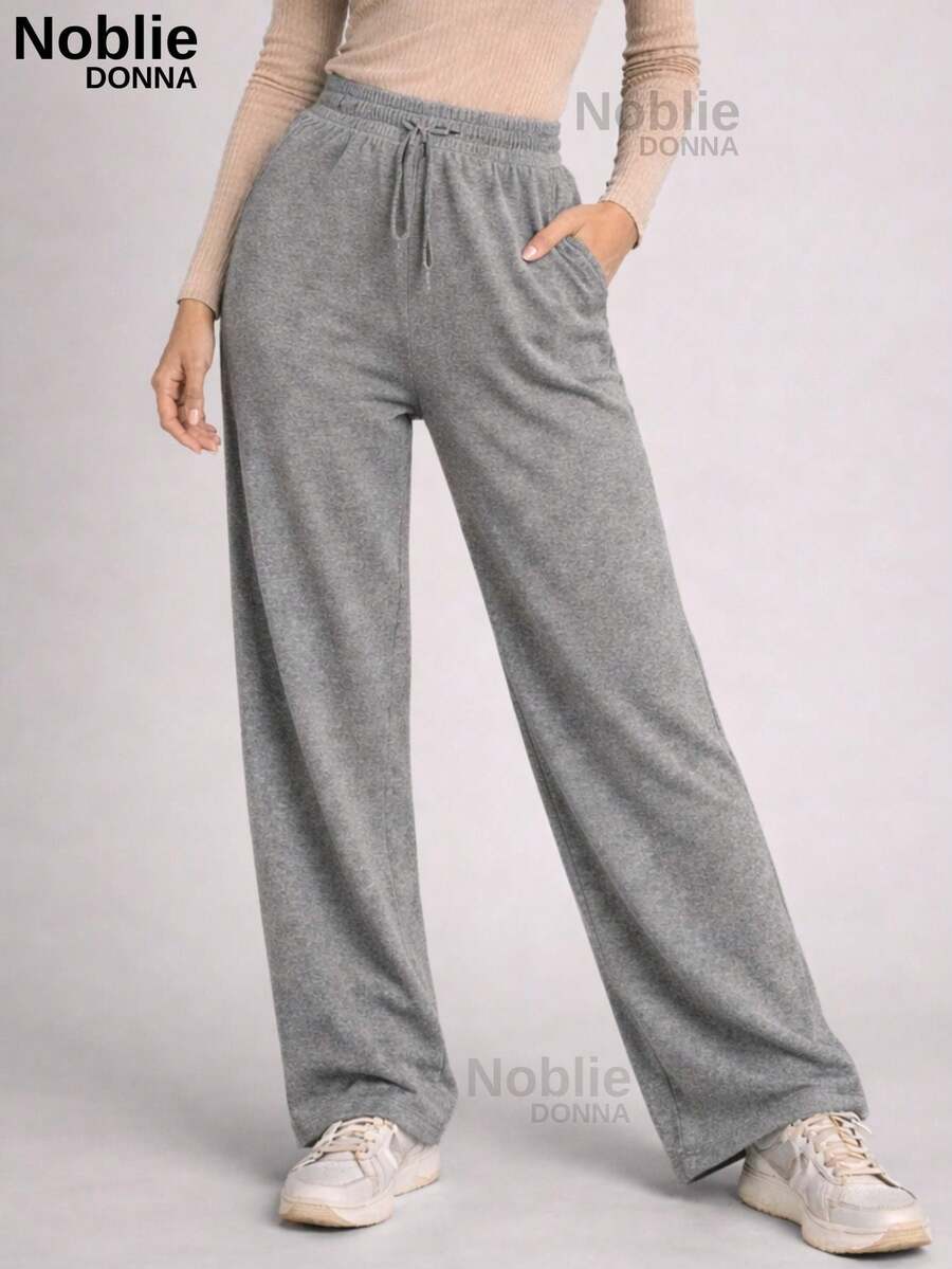 Women's Comfortable Wide Leg Wool Pants, Loose Fit, High Waist, Casual, For Everyday Wear. - 灰色 - 查看 1