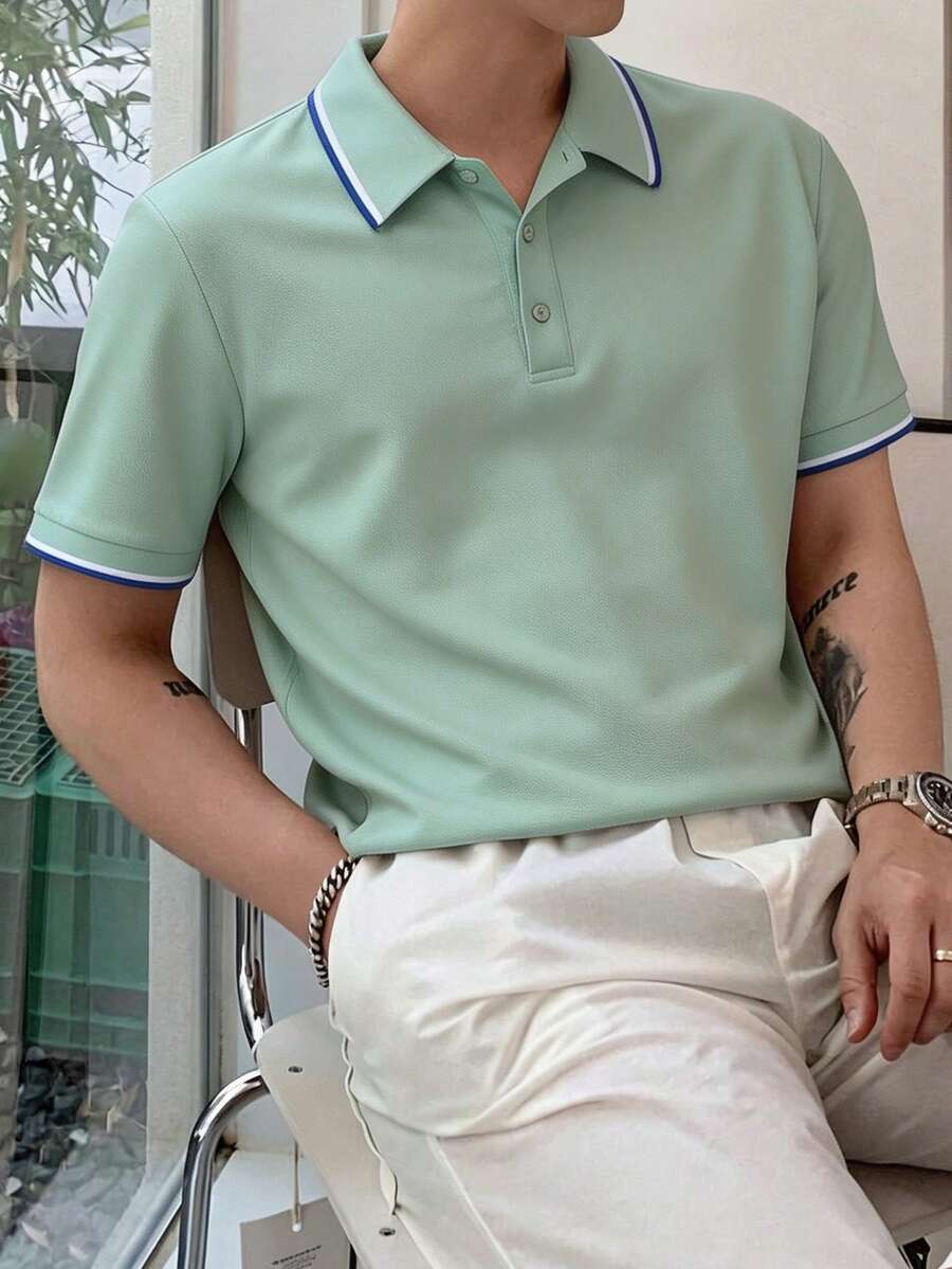 男士薄荷绿短袖 Polo 衫,撞色领口饰边,质地细腻,抗皱,商务休闲,轻运动风 Polo 衫 - 薄荷綠 - 查看 1
