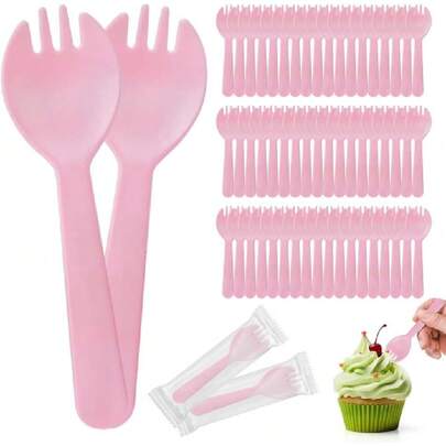 100pcs Mini Pinl Spork, 4.2 Inch Individually Wrapped Plastic Small Cutlery, Compact Disposable Fork Spoon Combo For Cake, Appetizer, Snacks, Dessert Bar, Parties, Travel Use,44699165