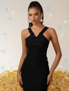 Love Aing Vestido Elegante de Sereia com Plissado Preto, Vestido de Bandagem Sexy para Socialite, Banquete e Festa de Coquetel, Vestido de Festa Formal e Luxuoso para Baile e Eventos para Mulheres - Preto - Visão 6