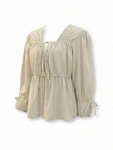 Style Women's Puff Sleeve Drawstring Shirt, Loose & Comfortable, Suitable For Commuting And Casual Wear (Includes Matching Headscarf) Spring - 杏色 - 查看 3