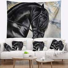 Designart 'Friesian Horse Painting' Animal Tapestry Blanket Décor Wall Art for Home and Office Created On Lightweight Polyester Fabric Large: 60 in. x 50 in - como en la foto - Ver 1
