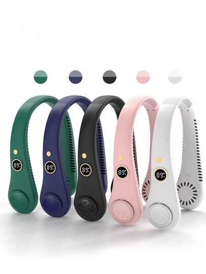 Quạt đeo cổ không cánh cầm tay mới, quạt mini thế hệ thứ 5 kiểu dáng mềm mại, sạc USB, tạo luồng gió xoáy, 5 tốc độ điều chỉnh, màn hình LED kỹ thuật số.