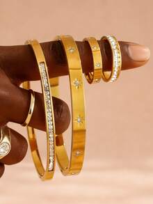 4pcs Stainless Steel 8-Pointed Star Rhinestone Bracelet & Ring Set, Waterproof & Fade-Resistant, Suitable For Women's Daily Wear, Holiday Gift - Jewelry Set - View 16
