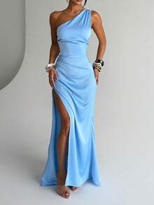 1pc Elegant Solid Color Asymmetric/Asymmetrical Knit Fabric Dress, Suitable For Party, Beach, Evening Date, Holiday, Wedding, Spring/Summer - Blue - View 1
