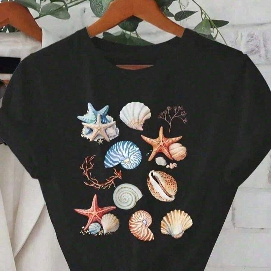 Women's Casual Streetwear T-Shirt, Premium Cotton, Fashion, Under The Sea, Shells, Starfish, Sand, Seaweed, Corals - 黑色 - 查看 1