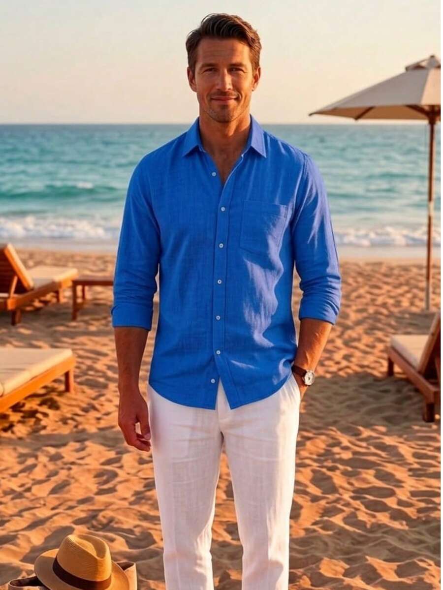 100% Cotton Linen, Breathable, Lightweight, Button-Down Collar, Men's Linen Shirt - Blue - View 1