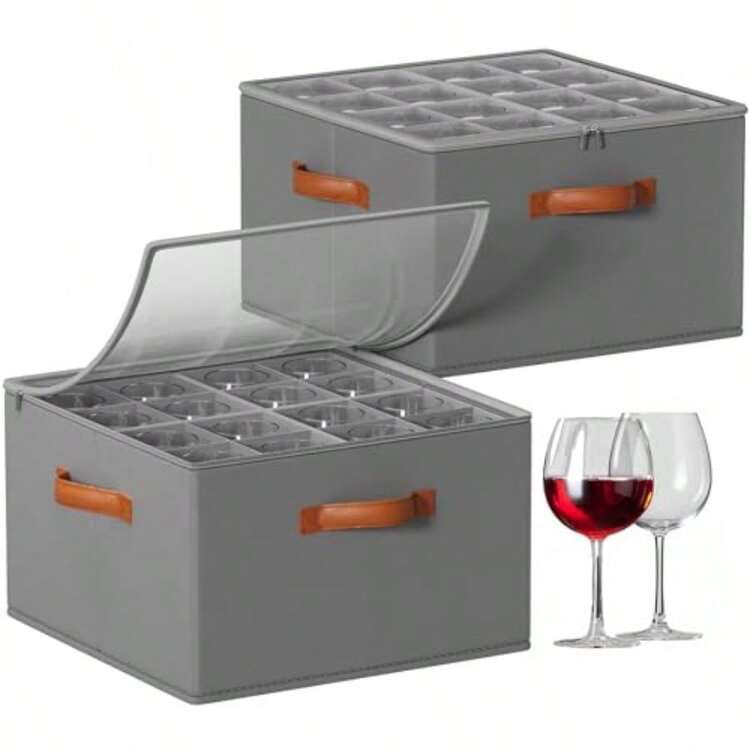 Caja almacenamiento para con divisores recipientes almacenamiento cristalería cajas de almacenamiento con capacidad para 32 copas de vino recipientes - Gris - Añade 9