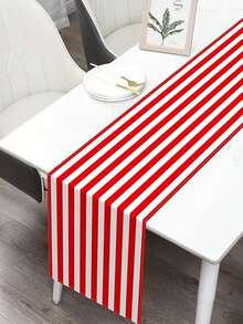 1 pieza Camino de mesa a rayas rojas y blancas - Decoración de poliéster rectangular para cocina y comedor para fiestas con tema de circo y carnaval, decoración de mesa para el hogar, decoraciones para fiestas con tema de carnaval. Fácil de limpiar, mantel de fiesta para el hogar, decoración de Halloween y uso diario, decoración sofisticada para el hogar en Halloween. Tamaños: 33 x 90 cm / 120 cm / 160 cm / 180 cm / 200 cm - Rojo y blanco - Ver 2