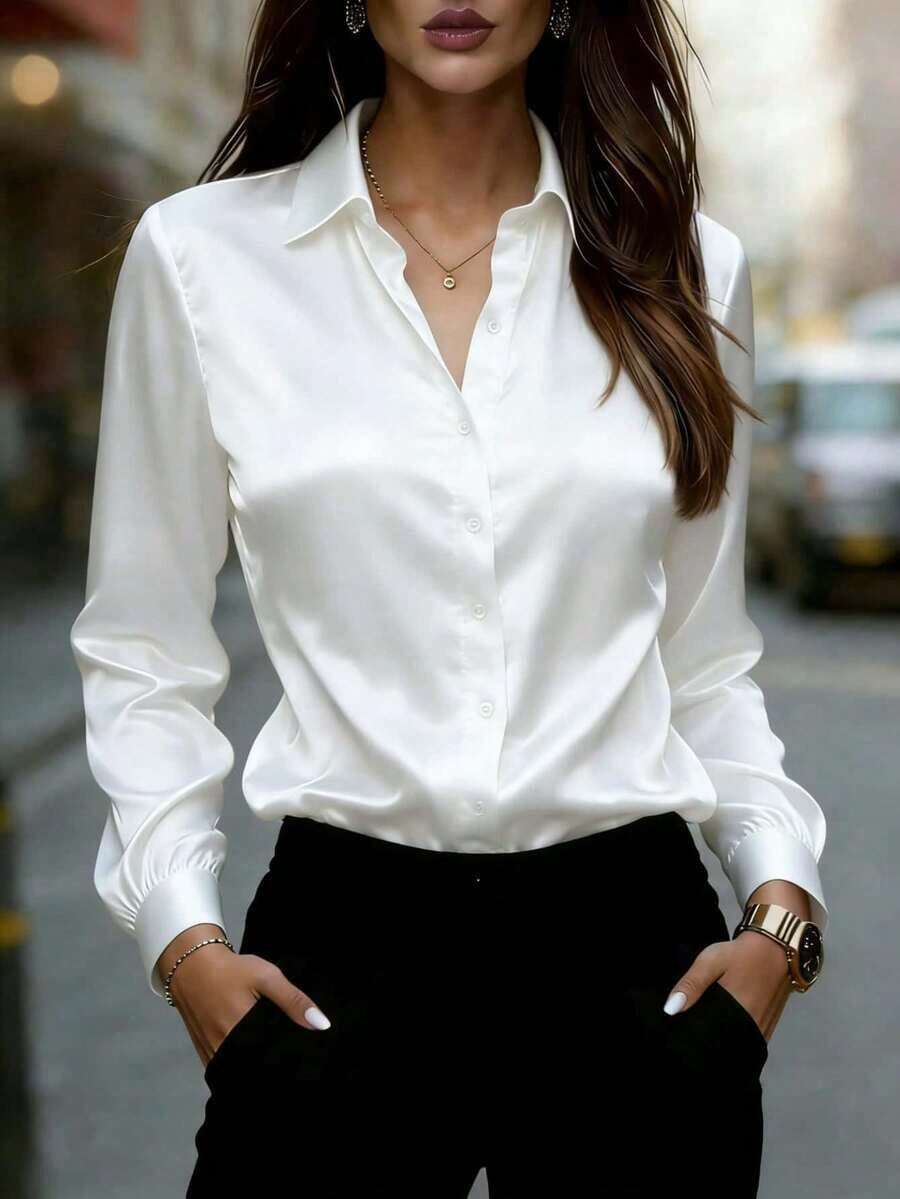 Blusa de satén de manga larga con cuello, blusa elegante de poliéster para primavera y vacaciones - Blanco - Ver 1