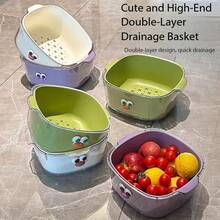 1 pieza Cesta de drenaje de dopamina de doble capa, diseño grueso 2 en 1 para lavar y filtrar frutas de manera linda y práctica para el hogar - Multicolor - Ver 2