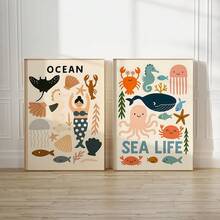 1/2 件波西米亚风格海洋生物墙画，可爱美人鱼和海洋生物装饰，儿童房、婴儿房、浴室教育水下主题海报，无框 - 彩色 - 查看 2