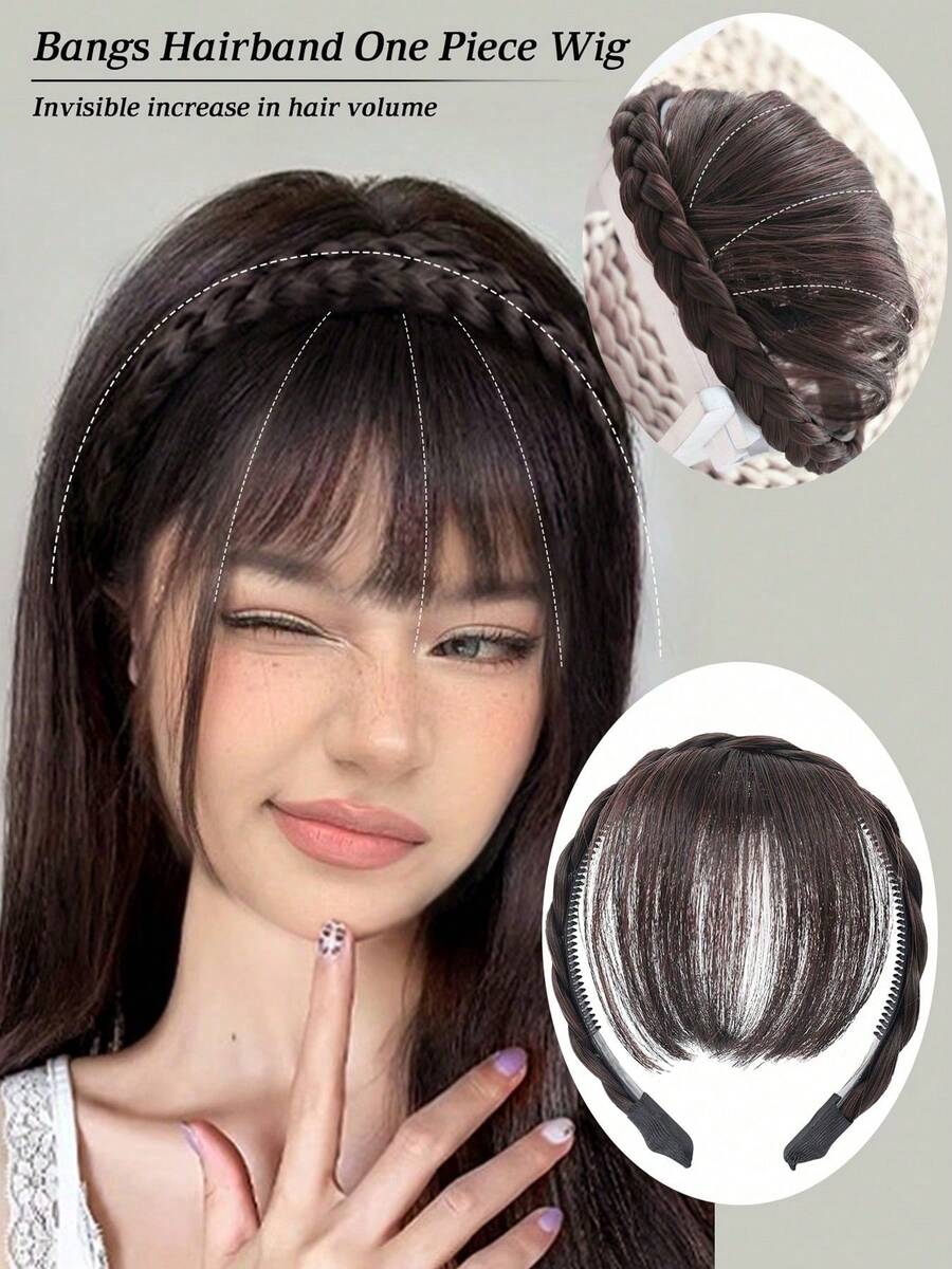 Stirnband Zopf Stirnband Pony geflochtene Dekoration Haarreif Synthetische Perücke geeignet für Aufsätze Haarteile für Frauen geeignet für alle Jahreszeiten, lässiger Alltag, Haarstyling, Pony Perücke Reise Accessoires Haarband Diadema - Dunkelbraun - Übersicht 1