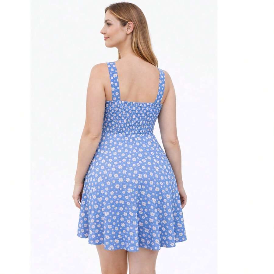 Women's Short Floral Dress With Wide Straps, Fitted Waist, Lightweight, Casual - Cetak biru muda - View 1