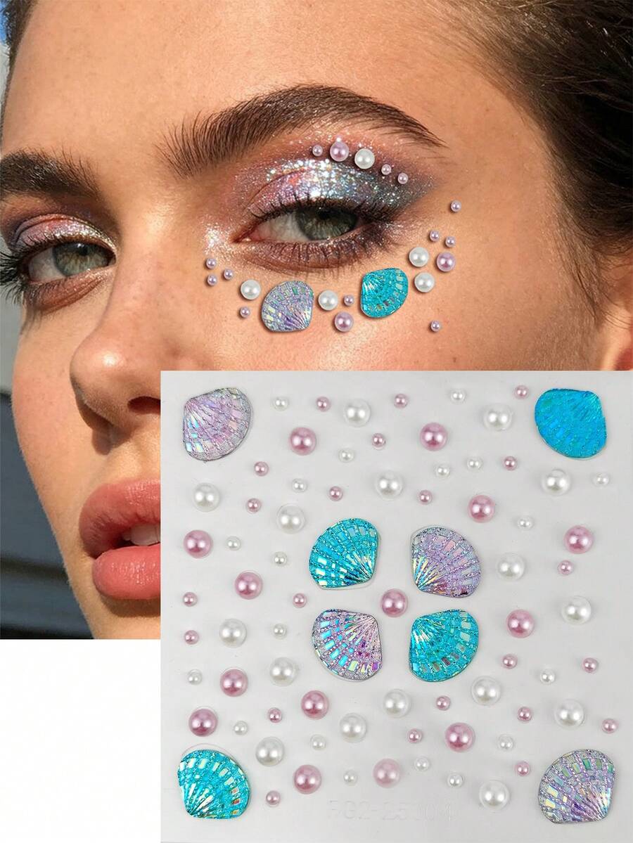 1Sheet Mermaid Shell Face Gems Stickers, Self-Adhesive Pearl Rhinestone ...