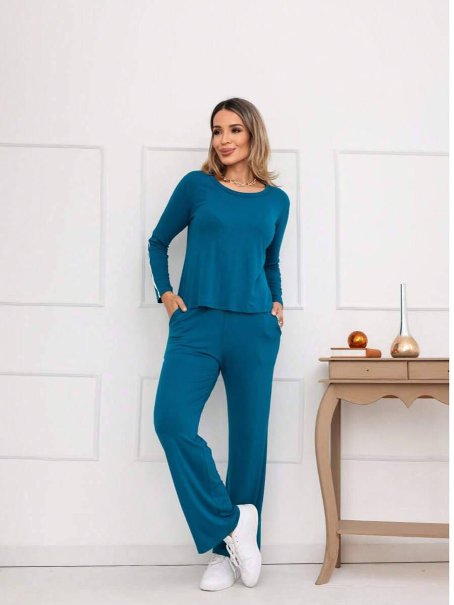 Women's Long-Sleeved Set With Detail, Premium Viscose/Lycra. One Size Fits 40/44 (Brazilian Sizes). - Màu xanh ngọc - Xem 1