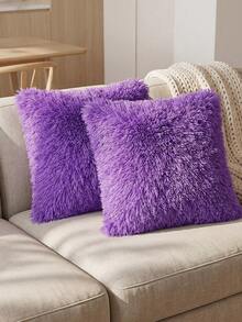 1/2/4pcs Solid Color Plush Pillow Cover (Pillow Insert Not Included), Minimalist Double-Sided Fluffy Square Cushion Cover, Soft Comfortable Home Decor Throw Pillow Case, Suitable For Bedroom, Living Room, Sofa, Chair, Zipper Closure - Violet Purple - View 8