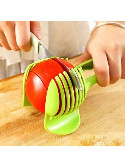 1 Stück Tomaten-Zitronen-Scheibenschneider mit einfachem Griff - Multiklinge Obst-Schneidwerkzeug mit runder Obst-Zange, Eiertrenner-Aufsatz, aus stabilem Kunststoff, grün - ideal für die Küchenvorbereitung, Tomatenschneider