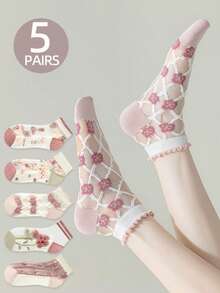 5 Pairs Floral Women's Ankle Socks, Summer, Ladies' Boat Socks, Glass Silk, Stockings, Transparent Socks, Ultra-Thin, Breathable, Bare Feeling Ice Silk, Suitable For Loafers And Leather Shoes - Pink - View 1