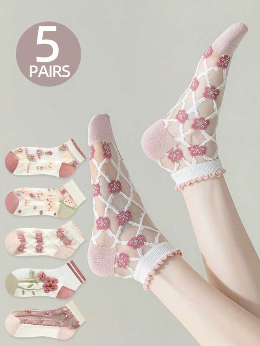 5 Pairs Floral Women's Ankle Socks, Summer, Ladies' Boat Socks, Glass Silk, Stockings, Transparent Socks, Ultra-Thin, Breathable, Bare Feeling Ice Silk, Suitable For Loafers And Leather Shoes - Pink - View 1