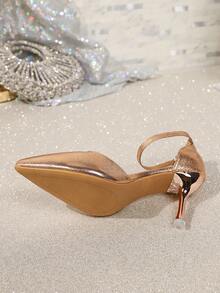 Sandali alla moda da donna taglie forti, tacchi sottili a punta minimalista francese, tacchi alti dorati, scarpe con cinturini versatili e traforati - Oro rosa - Visualizzare 10