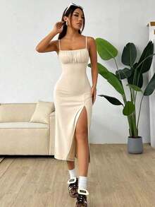 Daisy Print Short Strappy Dress With Slit - Sweet And Sexy Style For Spring Summer - Apricot - View 4