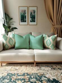 Conjunto de 4 capas de almofada decorativas com estampa geométrica, confeccionadas em fibra de poliéster com toque vintage de linho, zíper invisível, laváveis à máquina, design minimalista e moderno. Fecho com zíper. Ideais para sofá, sala de estar e quarto. Não inclui enchimento. - Menta verde - Ver 5