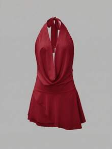 2026 Vår/Sommar Ny Mode Chiffong Draperad Halsringning Lågskuren Flerskiktad Volang Knytband Framtill Rygglös Miniklänning, Lämplig För Strand, Elegant, Sexig, Semester, Strand, Hawaii, Dejt, Fest, Musikfestival, Examensceremoni, Bal - Röd - Visa 8