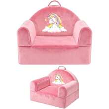 Silla de sofá para niños con funda extraíble lavable y respaldo de cinta mágica cómoda silla de terciopelo de vidrio para jugar siestas y viajes rosa suave diseño de unicornio - Rosado - Ver 2