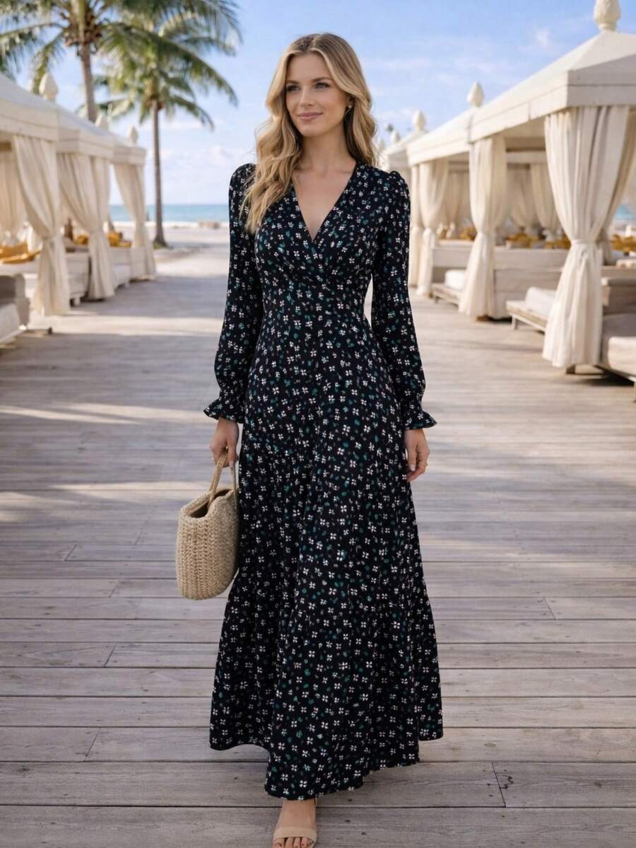 Women's Printed Long-Sleeved Crepe Dress - 黑色 - 查看 1