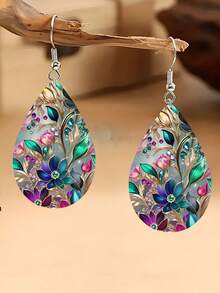 1 Pair Teardrop 2D Flat Floral Pattern Acrylic Earrings, Suitable For Evening Wear, Banquet Souvenir, Gift, Summer - Multicolor - View 7