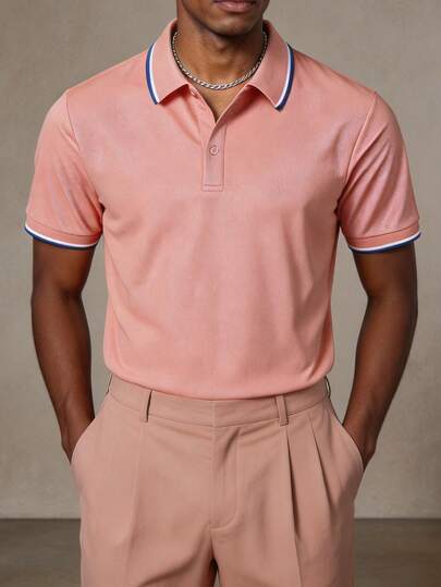 Men's Pink Short Sleeve Polo Shirt, Contrast Collar Trim, Fine Texture, Wrinkle-Resistant, Business Casual, Light Sports Style Polo Tee