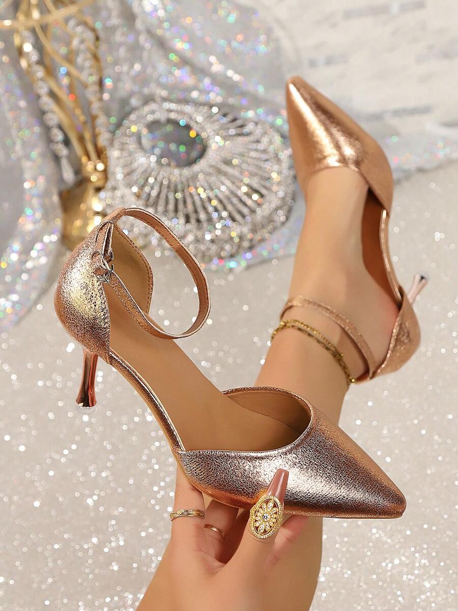 Sandali alla moda da donna taglie forti, tacchi sottili a punta minimalista francese, tacchi alti dorati, scarpe con cinturini versatili e traforati - Oro rosa - Visualizzare 1