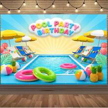 Cartoon Pool Party Birthday Backdrop Colorful Floats Beach Chairs Umbrellas Decor Polyester Photography Background - Multicolor - View 4