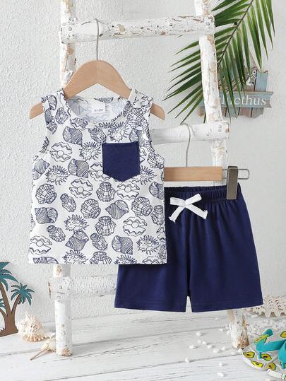 Toddler Boys' Summer Casual Vacation Style Underwater Print Sleeveless Vest + Cool Blue Shorts 2pcs Set