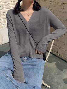 Áo khoác cardigan dệt kim dài tay cổ chữ V dáng rộng, nhẹ, thoáng khí dành cho nữ, thích hợp cho mùa xuân/hè. - Xám - Xem 6